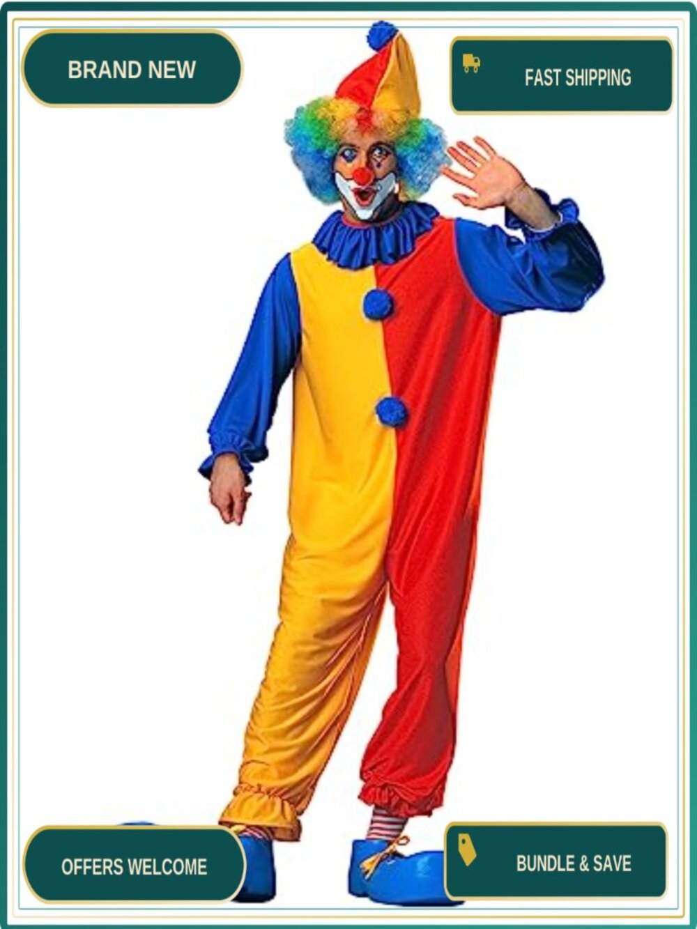 Classic Clown Costume Hat Jumpsuit Neck Ruffle Adult Standard